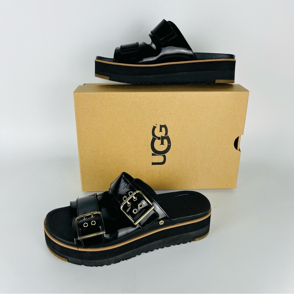 UGG Black Patent Platform Slide Sandals with Gold Buckles